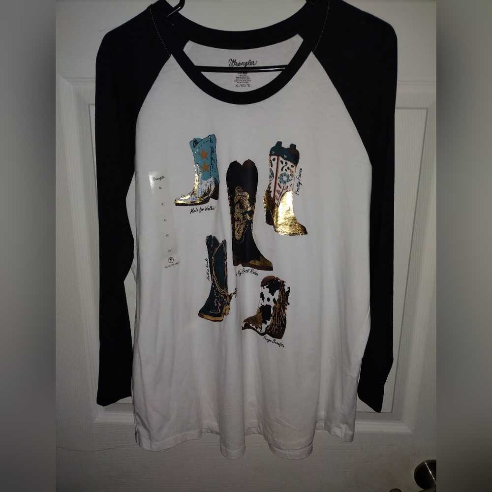 Wrangler White and Black Long Sleeve Tee with Cowboy Boot Graphic